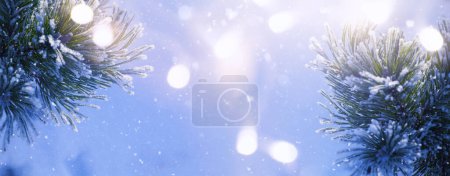 Foto de Las ramas de abeto nevado de Navidad se cierran. Invierno concepto de Navidad e invierno con espacio de copia - Imagen libre de derechos