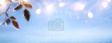 Foto de Paisaje invernal helado en un bosque nevado. Fondo navideño con luz navideña y rama de árbol sobre fondo nublado de invierno nevado. Banner de vacaciones con espacio de copia - Imagen libre de derechos