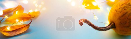 Foto de Calabazas de otoño y hojas amarillas de otoño sobre fondo azul claro como decoraciones para el día de acción de gracias; banner de acción de gracias con espacio para copiar - Imagen libre de derechos