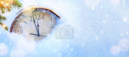 Photo for 2024 Happy New Year; Christmas greeting card design background. Xmas holidays eve; Party poster, banner or invitation background with snow clocks and Christmas tre - Royalty Free Image