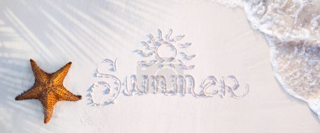 Téléchargez les photos : Bannière de vacances de voyage tropical d'été. Étoile de mer sur la plage de sable de l'océan, ombre de palmiers et vagues sur le bord de l'eau ; concept de bannière de vacances d'été avec espace de copie - en image libre de droit