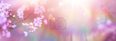 Foto de Arte naturaleza borrosa Fondo de la bandera de la flor de primavera. Escena natural con árbol floreciente Flores de primavera y mariposa voladora. Hermoso huerto - Imagen libre de derechos