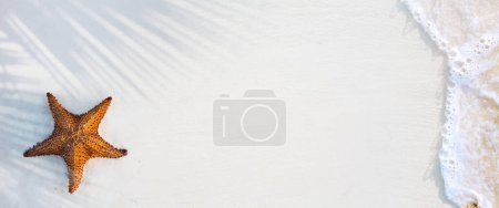 Téléchargez les photos : Abstract summer tropical holidays banner; sandy beach and wave on the edge of clear water, starfish on the sand and an inscription on the sand; summer vacation concept banner with copy space - en image libre de droit
