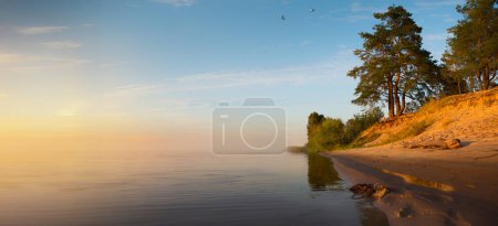 Foto de Hermoso paisaje fluvial de verano. Amanecer pacífico por la mañana en la rive - Imagen libre de derechos