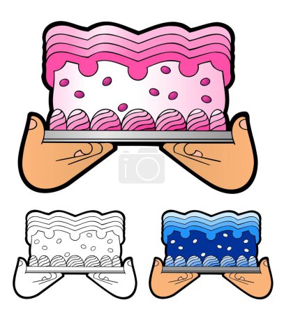 Ilustración de Manos extendiendo un pastel especial, con variaciones de bonificación - Imagen libre de derechos