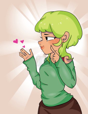 Photo for Anime girl with green hairs wears green sweater. Anime girl with big eyes and green hairs in green sweater and brown skirt. Her gestures point to someone. - Royalty Free Image