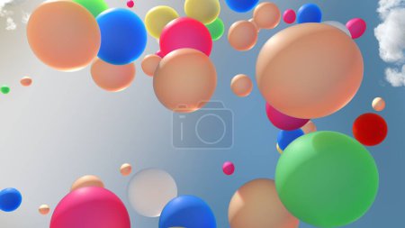 Photo for Colorful balloons floating in the cloudy sky. Abstract background of different colors balls floating in the air lit with the sun. - Royalty Free Image