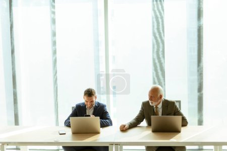 Photo for Senior  and young businessmen working together on laptops in office - Royalty Free Image