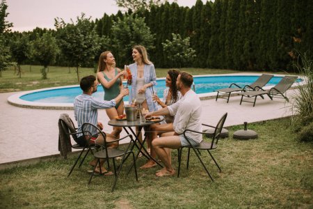 Téléchargez les photos : Group of happy young people cheering with cider by the pool in the garden - en image libre de droit