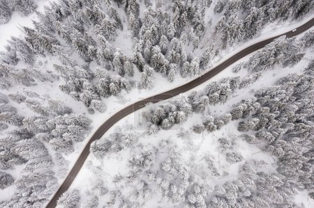 Foto de Drone vista en carretera de montaña en invierno nevado - Imagen libre de derechos