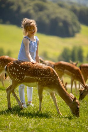 Téléchargez les photos : Cute little girl among reindeer herd on the sunny day - en image libre de droit