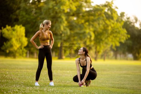 Photo for Two pretty retty young woman doing stretching in the park - Royalty Free Image
