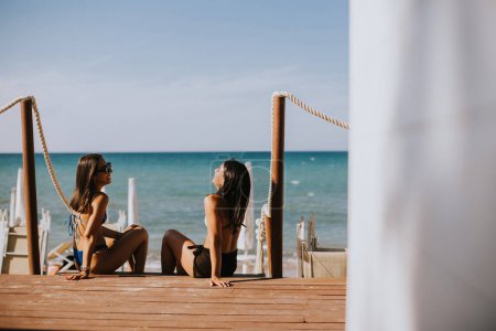 Téléchargez les photos : Deux jeunes femmes souriantes en bikini assis et profitant de vacances sur la plage - en image libre de droit