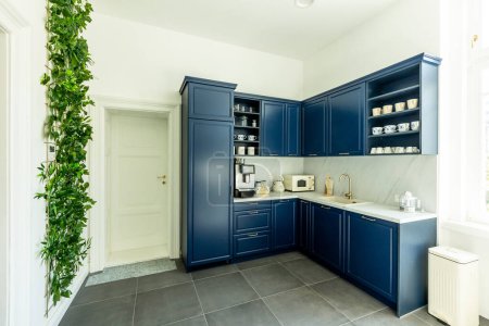 Foto de Una cocina elegante con armarios navales sofisticados y un jardín vertical que mejora el espacio urbano. - Imagen libre de derechos