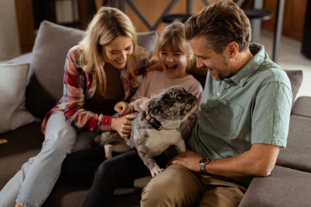 Photo for Joyful parents watch their daughter play with a happy french bulldog at home - Royalty Free Image