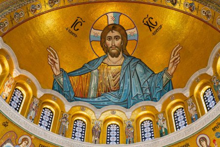Photo for Belgrade, Serbia - April 29, 2024: Vibrant and intricate mosaic of Jesus Christ inside the grand Church of Saint Sava, capturing the serene divinity of the sacred spacerthodox Church - Royalty Free Image