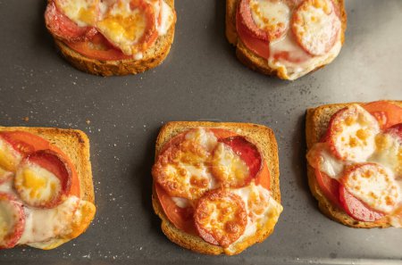 Delicious Toast with Tomato, Salami, and Cheese Close Up