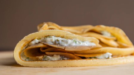 Homemade Healthy Crepes with Smoked Salmon and Cream Cheese Close Up