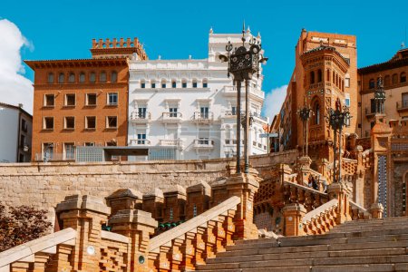 Photo for Teruel, Spain - October 8, 2022: A view of the Escalinata del Ovalo stairway, a moder art brickwork stairway in Teruel, Spain, on a sunny autumn day - Royalty Free Image