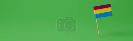 Téléchargez les photos : Un drapeau pansexuel attaché à un poteau se dresse sur un fond vert, dans un format panoramique à utiliser comme bannière web ou en-tête - en image libre de droit