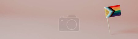 Téléchargez les photos : Un drapeau de fierté de progrès intersexué attaché à un poteau debout sur un fond brun pâle, dans un format panoramique à utiliser comme bannière Web ou en-tête - en image libre de droit