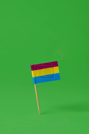 Photo for A pansexual flag attached to a pole standing on a green background, with some blank space on top - Royalty Free Image