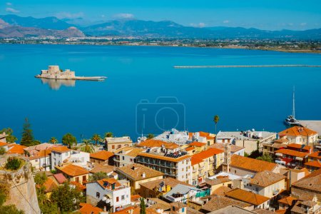Photo for An aerial view of the old town of Napflio and Bourtzi castle in the Aegean sea, in Greece - Royalty Free Image