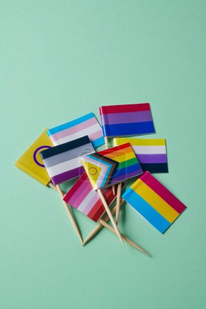 Téléchargez les photos : Vue en angle élevé d'un groupe de différents drapeaux LGBTIQA attachés à des poteaux en bois sur un fond vert - en image libre de droit