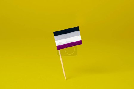 Téléchargez les photos : Gros plan d'un drapeau de fierté asexuée, attaché à un poteau, debout sur un fond jaune - en image libre de droit