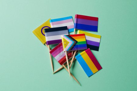 Photo for A bunch of different LGBTIQA flags attached to wooden poles on a green background - Royalty Free Image