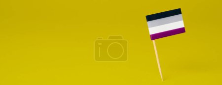 Téléchargez les photos : An asexual pride flag attached to a pole stans on a yellow background, in a panoramic format to use as web banner or header - en image libre de droit
