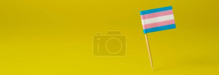 Téléchargez les photos : A transgender pride flag attached to a wooden pole stands on a yellow background, in a panoramic format to use as web banner or header - en image libre de droit