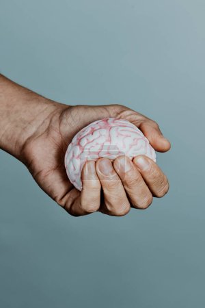 Téléchargez les photos : Un homme serre un faux cerveau dans sa main, sur un fond gris pâle - en image libre de droit