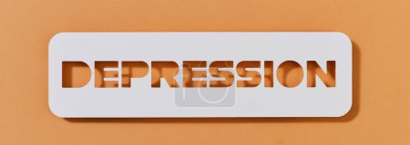 Photo for Closeup of a paper sign with the text depression on a brown background, in a panoramic format to use as web banner or header - Royalty Free Image