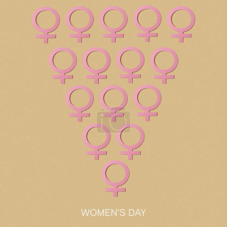 Foto de Algunos símbolos femeninos rosados del género dispuestos formando un triángulo y el día de las mujeres del texto sobre un fondo marrón pálido - Imagen libre de derechos