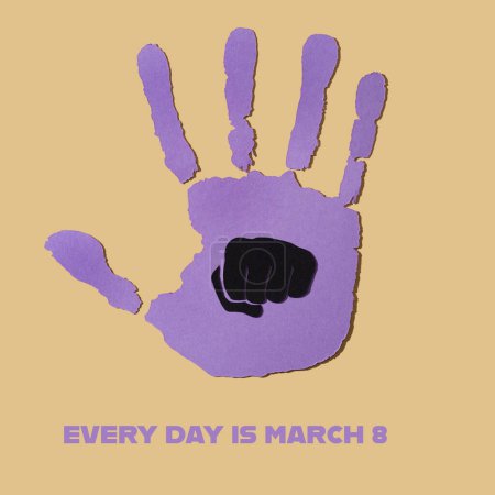 Téléchargez les photos : A violet hand and a black fist, and the text every day is march 8 on a pale brown background - en image libre de droit