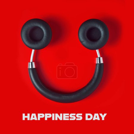 Photo for Text happiness day and a pair of black wireless full size headphones resembling a smiley face on a red background - Royalty Free Image