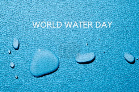 Téléchargez les photos : Le texte Journée mondiale de l'eau et quelques gouttes d'eau sur une surface texturée bleue - en image libre de droit