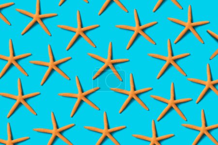 Foto de Algunas estrellas de mar secas de color naranja dispuestas en diferentes líneas sobre un fondo azul - Imagen libre de derechos
