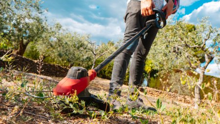 Téléchargez les photos : Un jeune homme caucasien tonde l'herbe cultivée d'une terre agricole à l'aide d'une tondeuse électrique sans fil - en image libre de droit
