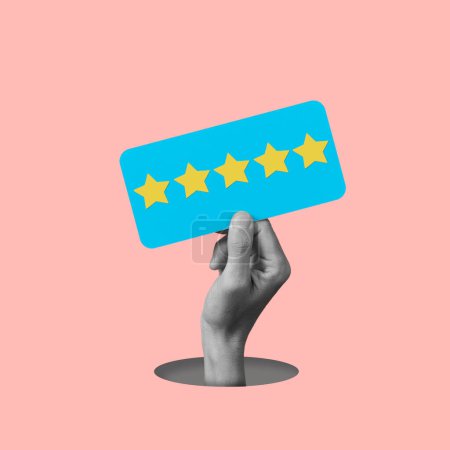 Photo for A man hand in black and white holds a blue sign with five yellow stars, from a five star rating scale, on a pale pink background - Royalty Free Image