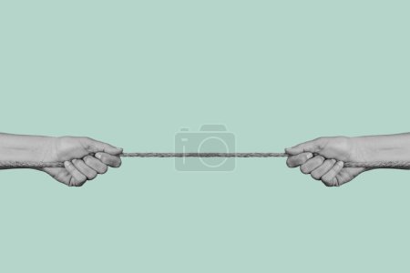 Photo for Two men pulling each of the opposite ends of a rope in black and white, on a pale green background - Royalty Free Image