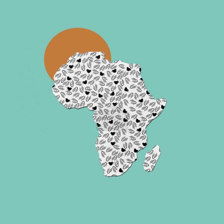 Téléchargez les photos : La silhouette de l'afrique découpée dans un papier à motifs noir et blanc, devant un cercle brun représentant un soleil levant, sur un fond vert pâle - en image libre de droit