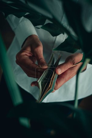 Foto de Un hombre, vistiendo una camisa blanca de manga larga, cuenta algunos billetes de dólar, en el interior, como se ve a través de las hojas de una planta monstera - Imagen libre de derechos