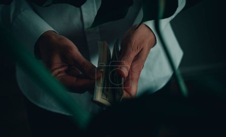 Photo for Closeup of a man wearing a white long-sleeve shirt counting some dollar notes, indoors, seen through the leaves of a monstera plant - Royalty Free Image