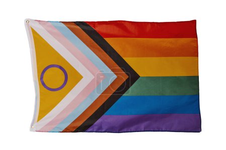Foto de Una bandera de orgullo de progreso intersex-inclusive ondeando aislada sobre un fondo blanco - Imagen libre de derechos