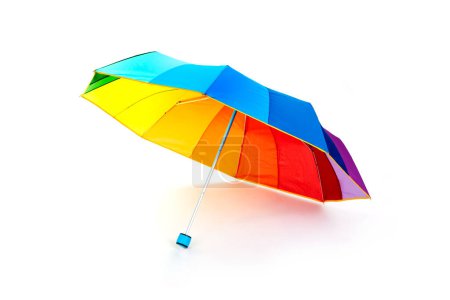 Photo for An open umbrella patterned with the colors of the rainbow flag placed on a white background - Royalty Free Image