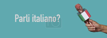 Téléchargez les photos : Question parlez-vous italien écrit en italien et un homme tenant un microphone modelé avec le drapeau de l'Italie, sur un fond bleu, dans un format panoramique à utiliser comme bannière web - en image libre de droit