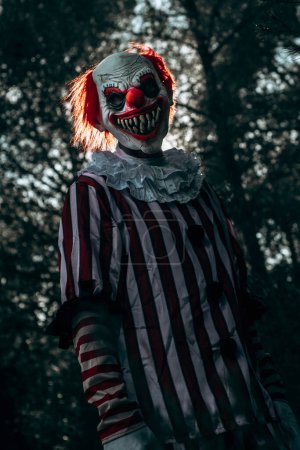 Téléchargez les photos : Gros plan d'un clown roux fou, portant un costume rayé blanc et rouge avec une ruche blanche, regardant l'observateur avec un sourire effrayant dans les bois - en image libre de droit