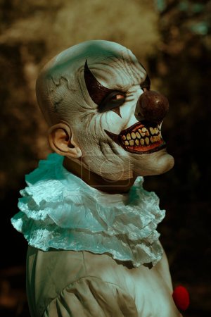 Téléchargez les photos : Un clown maléfique chauve, vêtu d'un costume gris avec une ruche blanche et des pompons rouges, se retourne pour regarder l'observateur avec un sourire effrayant, dans les bois au crépuscule - en image libre de droit
